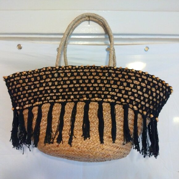 Handmade Braided Straw Basket Tote Boho Crochet Beaded Trim Drawstring Bag - Picture 5 of 10